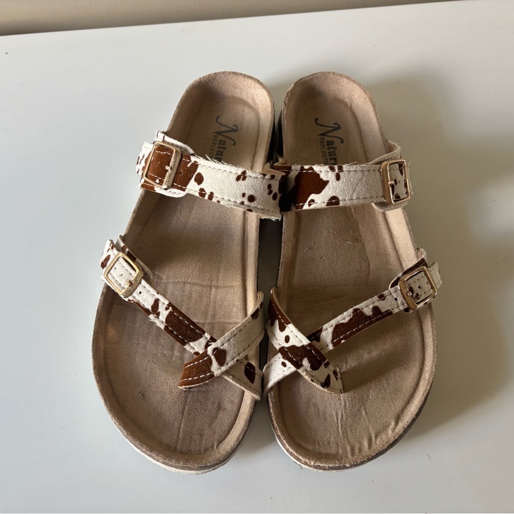 Natural Reflections Women's Cowhide-Print Double Buckle Sandal - Brown & White - Picture 2 of 6